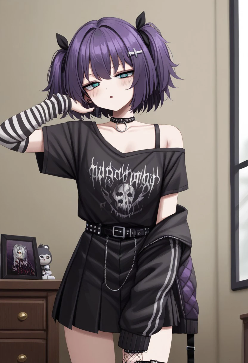 score_9, score_8_up, score_7_up, score_6_up, score_5_up, score_4_up, source_anime, medium shot, goth girl, bangs over eyes, goth clothes, choker, high shoes, fishnet, skull print
