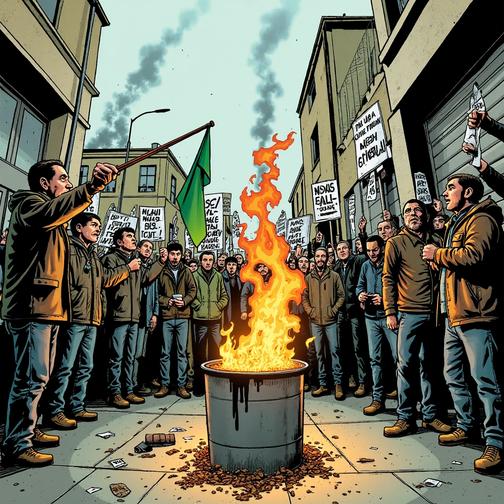 Imagine an image in gritty graphic novel style: A group of protesters gathers on a narrow street, their faces determined as they toss a green flag into a metal barrel filled with flames. The flag’s edges curl and blacken, while the crowd raises fists and banners in the smoky glow. Posters on nearby walls and debris on the ground add to the tension-filled scene.