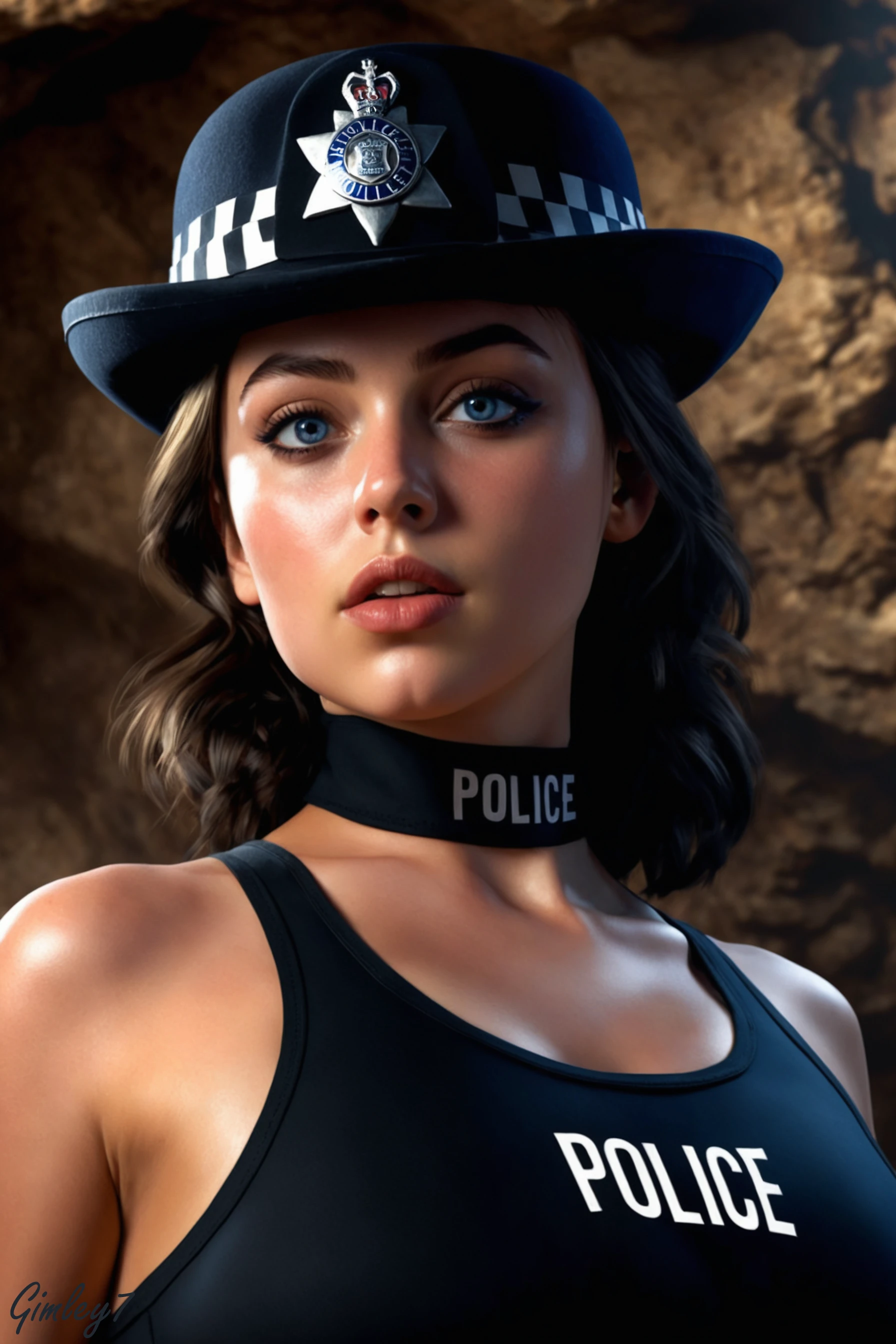 hyper-realistic image of a pretty young woman, <lora:ConstableUniformSDXL:1> constableuniform, uniform, hat badge, headwear, black constable hat, "POLICE" choker, black one piece swimsuit, sandals, ((in a grotto)), realistic, photo-realistic, ultra-detailed, detailed pupils, detailed eyes, detailed lips, beautiful dynamic dramatic dark moody lighting