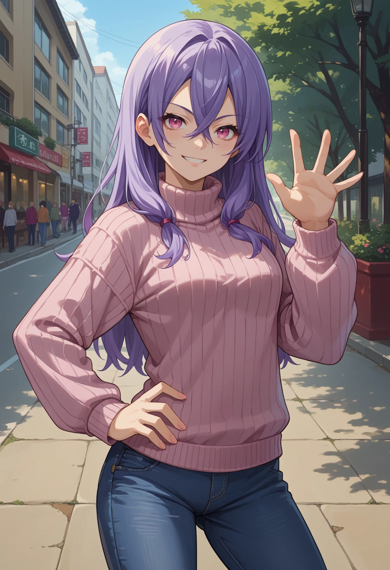 score_9, score_8_up, source_anime, 1girl, solo, TakamatsuShiera, pink eyes, purple hair, long hair, hair between eyes, outdoors, sweater, ribbed sweater, jeans, hand on hip, waving at viewer, smile, <lora:ChamTakamatsuShieraPonyXL:1>