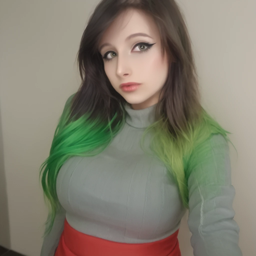 masterpiece, best quality,   <lora:Goosaphone_v2:1>, g00saph0n3, 1girl, skirt, breasts, solo, long hair, large breasts, multicolored hair, red skirt, looking at viewer, green hair, black hair,  grey sweater,realistic, sweater, green eyes, lips, upper body