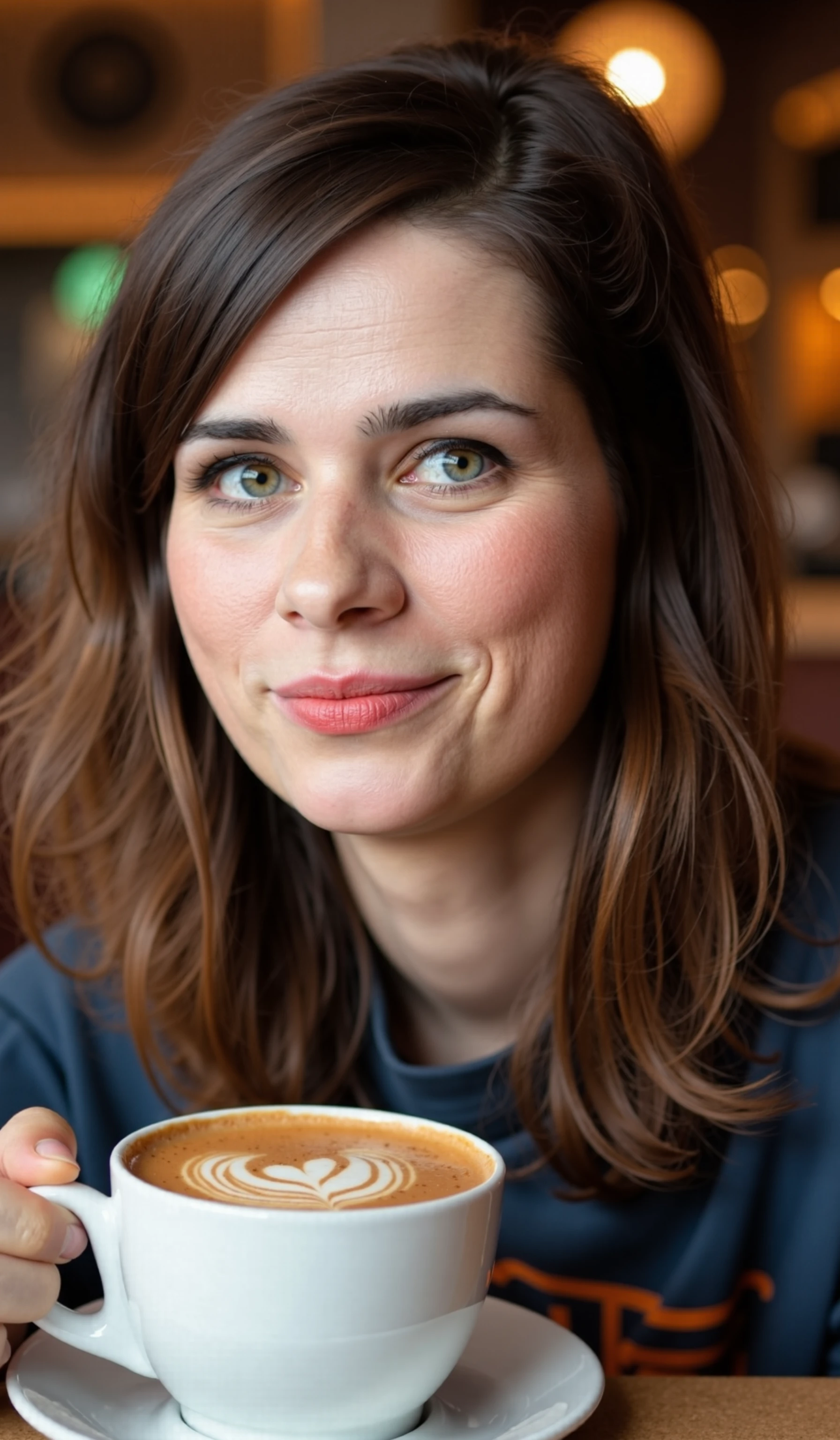 close portrait of a young woman, slightly mild side view, , sitting in a cafebar  on a cafe table  grabbing a large mug with latte art in the shape of a heart  , light  brunette , petite delicate , (high detailed face and skin texture with skin pores:1.3)  , lovely eye contact with the viewer, middle short straight hair style with some large curls,    wear a skinny cute tight cozy cotton luxory fashion sweatshirt warm dress  ,  (teasing facial expression)