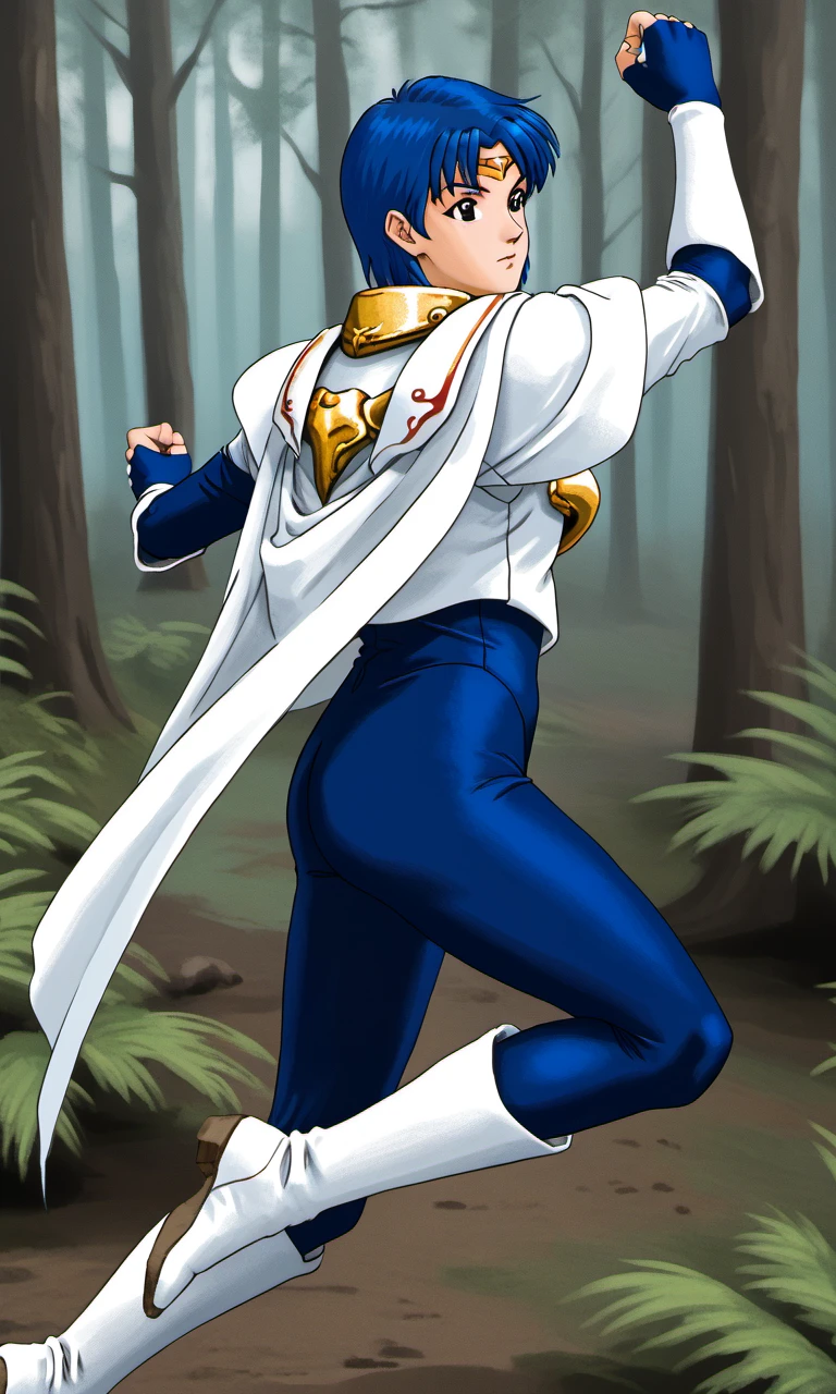 forest, battle stance, fighting with flying monsters, from side, kyratierney, 1girl, grey eyes, blue hair, short hair, gold circlet, blue bodysuit, breastplate, fingerless elbow gloves, white mantle, white greaves, boots