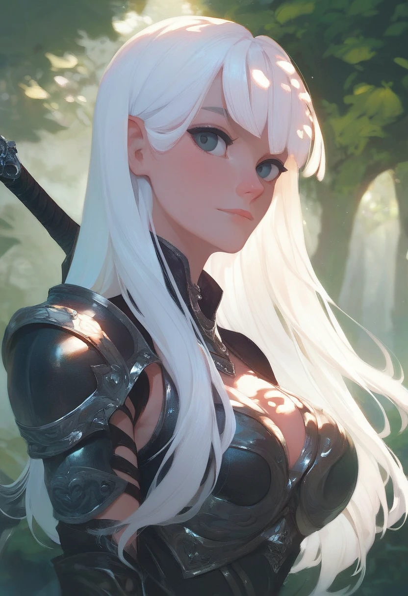 score_9, score_8_up, score_7_up, score_6_up, CMRNM, 1girl, beautiful, white hair, long hair, bangs, fair skin, big breasts, leather armor, sword, forest, dappled sunlight, upper body, looking at viewer