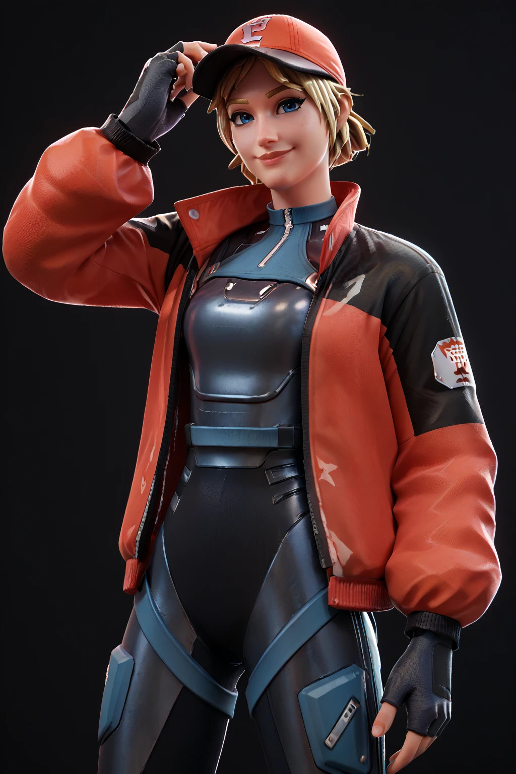 1girl, solo, cowboy shot, fnpiper, simple background, fnpiper, short hair, blonde hair, blue eyes, jacket, fingerless gloves, bodysuit, baseball cap, adjusting hat, looking at viewer, smile <lora:FN_PiperPace-PONY:0.8>, score_9, score_8_up, score_7_up, score_6_up,