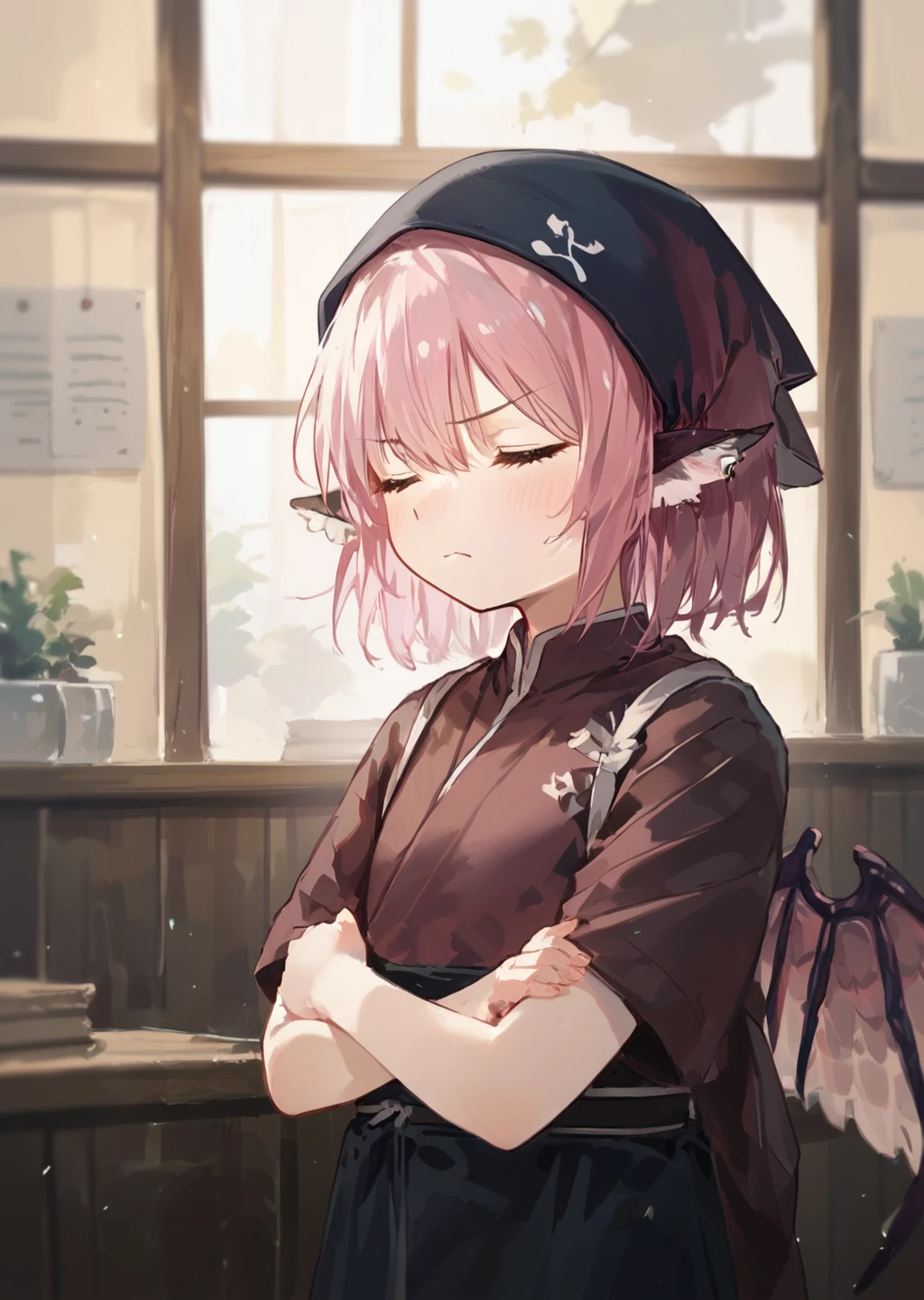 score_9, score_8_up, score_7_up, score_6_up, score_5_up, score_4_up, detailed, portrait, cute female mysti4, folded arms, pouting, frustrated, hands in hair, eyes closed, source_anime <lora:Mystia Lorelei _ Okamisty (Izakaya Outfit) (Touhou Project) [Pony]_epoch_12:1> mysti4, izakaya_outfit, 1girl, pink hair, animal ears, wings