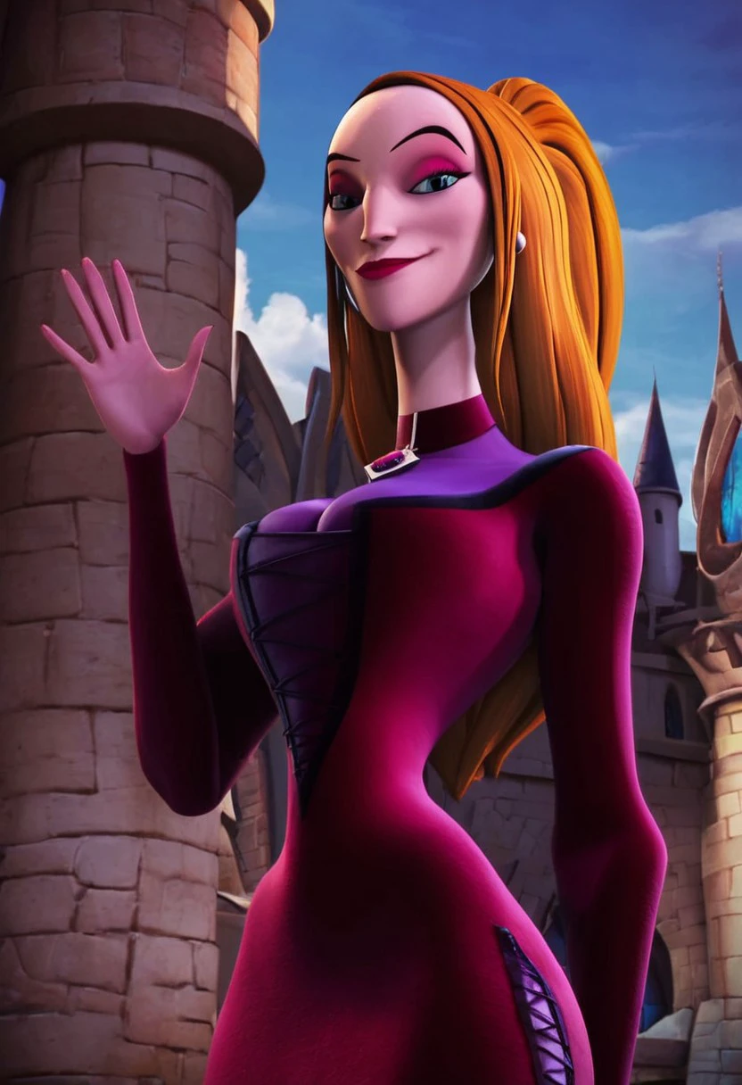 frieda (hna red dress), 1girl, redhead, orange hair, long hair, high ponytail, makeup, makeup, lipstick, red lips, eyeshadow, blue eyes, jewelry, earrings, thin body, choker, corset, dress, dark red purple dress, cleavage, score_8_up, score_7_up, BREAK, 1girl, solo, looking at viewer, smiling, smug, waving at viewer, female focus, looking at viewer, castle background, detailed background, 4k, masterpiece, best quality, highly detailed, realistic, 3d, cowboy shot