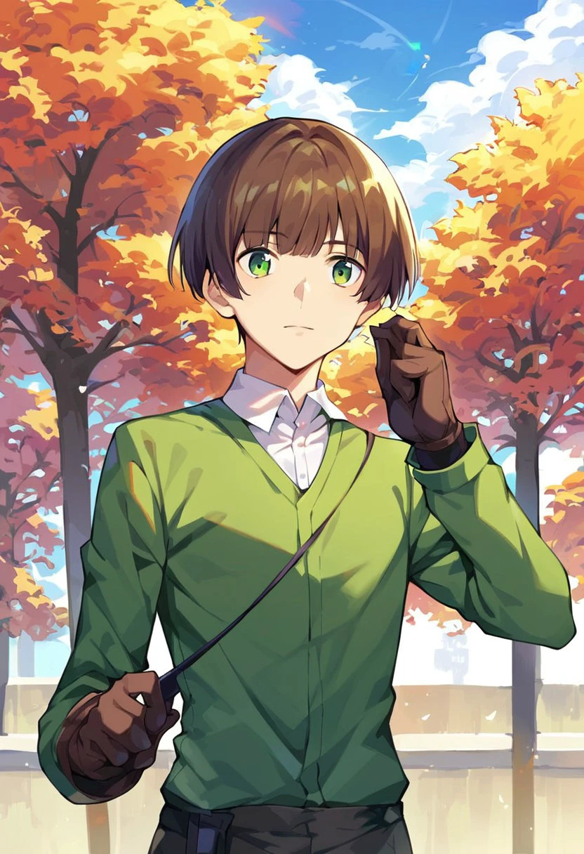 score_9, score_8_up, score_7_up, source_anime, highly detailed, 
deimne, solo, 1boy, male focus, straight hair, brown hair, fringe, stripe, hair, green eyes, large hair, bangs, middle stripe,  gloves, looking at viewer, brown gloves, pantyhose, whit panthyhose, shirt, white shirt,  green tunic, Bob cut,  hair middle stripe,
outdoor, sky, tree, clouds