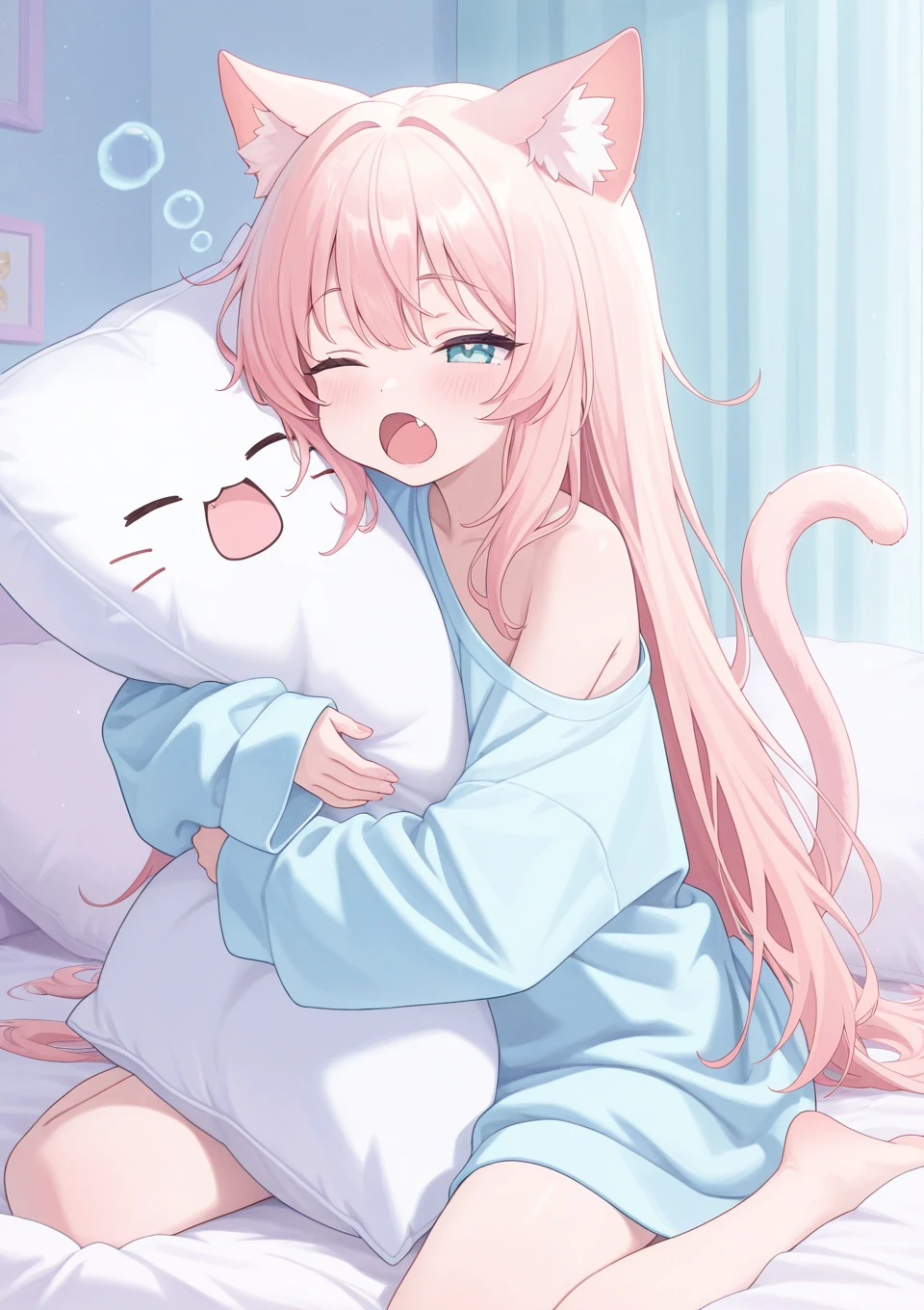 1girl,cute face,cat_ears,cat_tail,oversized_clothes,single_bare_shoulder,yawning,fang,hugging pillow,pastel colors, 
masterpiece,best quality,amazing quality,very aesthetic,absurdres,