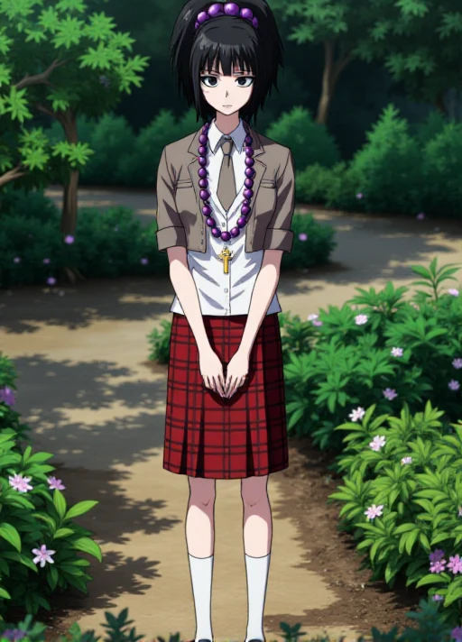 <lora:Mistoon_Anime_Flux:0.7> , anime. , front view <lora:Mikako_Kurokawa_Flux:1.1>,  This is an anime screencap from Danganronpa 3.  Mikako Kurokawa is a tall young woman with slender physique. She has pale light skin, black eyes, and unkempt black hair tied in a ponytail with a vivid purple beaded scrunchie. She has bags under her eyes and a tired expression. Mikako is wearing her Hope's Peak uniform which consists of a white short-sleeved dress shirt with side pockets and short light gray necktie, red plaid skirt, white midcalf-length socks, and deep orange-brown loafers. Over her clothes, she wears a grayish brown jacket. She also wears a golden cross necklace and large purple prayer beads as a necklace.  remorseful expression Mikako Kurokawa stands in the academy's garden, her hands raised as she cleanses a patch of cursed earth. Ghostly flowers bloom and fade around her feet, while spirit lights dance through the air like fireflies.