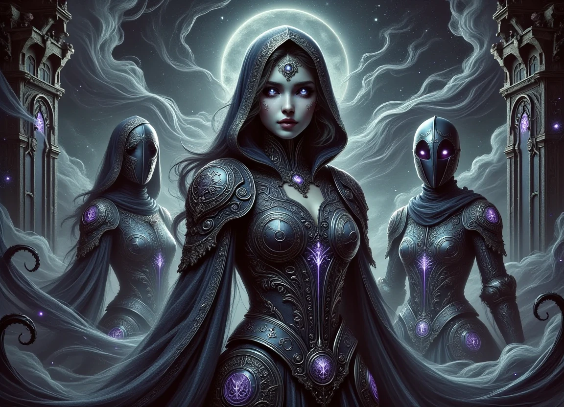 a surreal digital painting of a female character inspired by the donm, 16th century habsburg court style, standing amidst a group of female residents from lovecraft's innsmouth, dressed as an assassin and a knight, both wearing ornate chest armor made of dark metals and intricately detailed with alchemical symbols, set against a background of swirling clouds, stars, and a full moon, with hints of eldritch horror subtly integrated into the architecture.