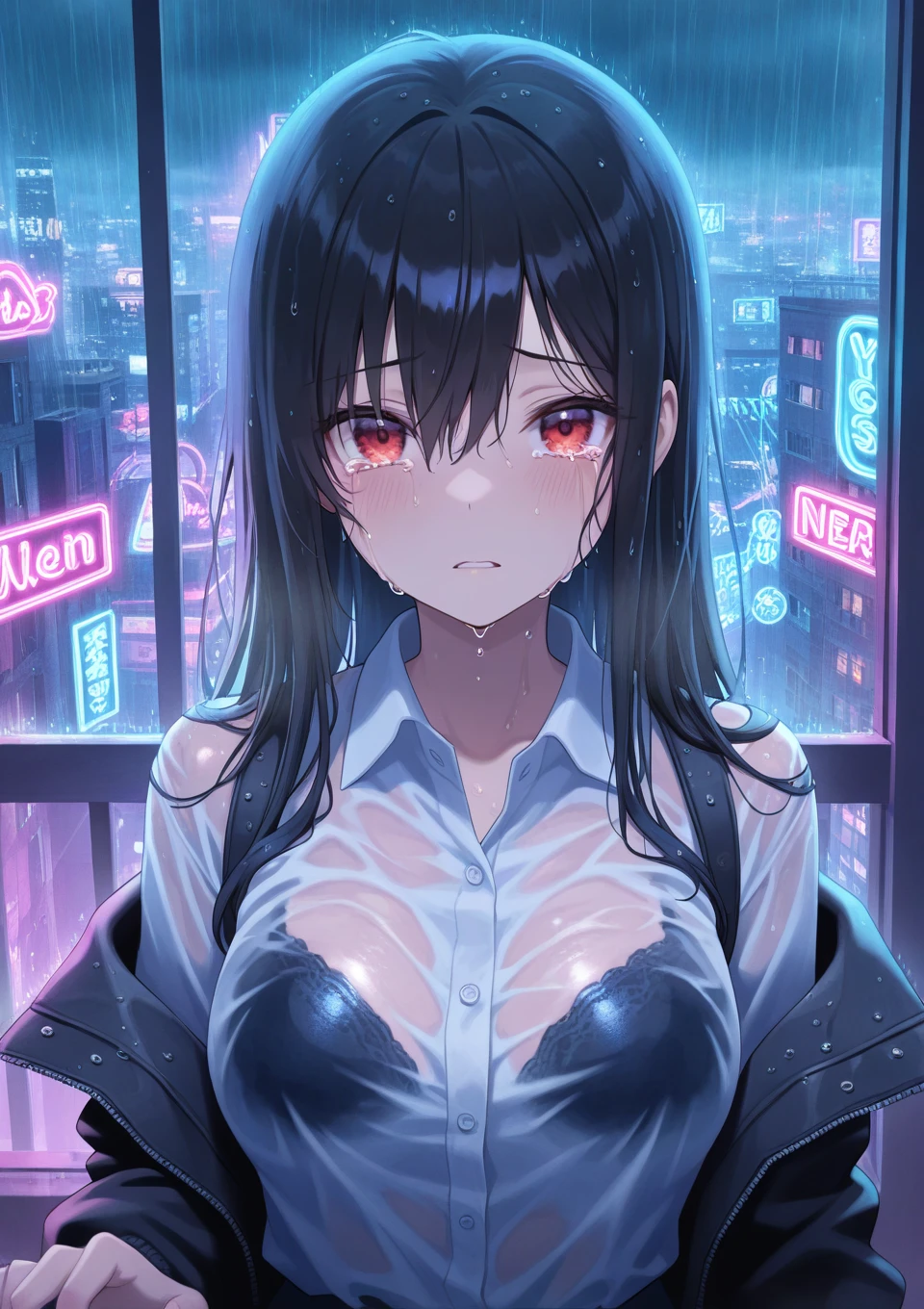 1girl,rain,wet_clothes,wet_face,crying,looking_at_viewer,cityscape,neon_lights,ray tracking,
masterpiece,best quality,amazing quality,very aesthetic,absurdres,