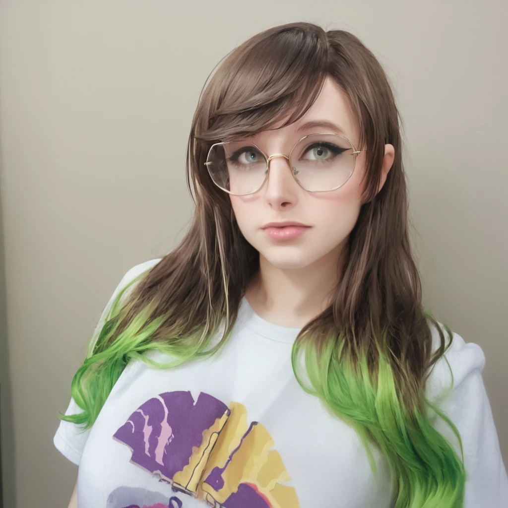 masterpiece, best quality,   <lora:Goosaphone_v2:1>,g00saph0n3, 1girl, solo, multicolored hair, green hair, long hair, green eyes, looking at viewer, lips, realistic, upper body, t-shirt, brown hair, round glasses, side-swept bangs