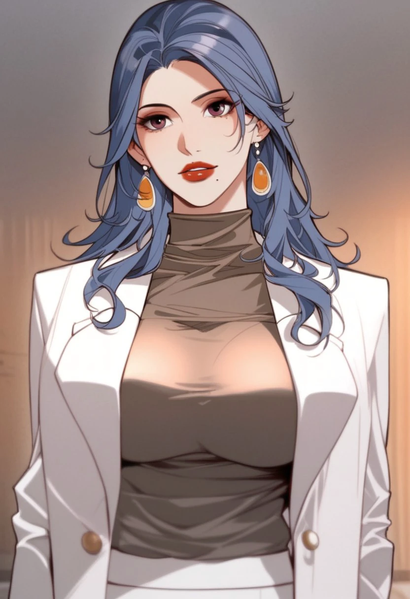 score_9, score_8_up, score_7_up, BREAK, HeShiqinq, long hair, blue hair, purple eyes, large breasts, mole under mouth, red nails, red lips, makeup, HeSuit, earrings, white suit, open suit, grey shirt, turtleneck, white skirt, pencil skirt, 1girl, solo,