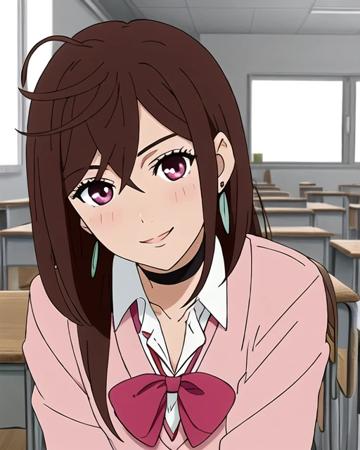 masterpiece, best quality, highres, 1girl, solo, brown medium length hair, layered hair with wispy ends, side-swept bangs, magenta/red eyes, pink blazer, white collar shirt, large red bow tie, black choker, mint green drop earrings, school uniform, slight blush marks on cheeks, expressive face, medium shot, beautiful detailed eyes, long eyelashes, clean lineart, soft shading, indoors, classroom lighting, slight head tilt, anime style, natural shadows, detailed facial features, sharp chin, light skin tone, professional lighting, detailed face, looking at viewer, full body, legs, heroic pose, smile, feel in love, fit body, <lora:Momo-Ayase-Dandadan-SD15:0.7>