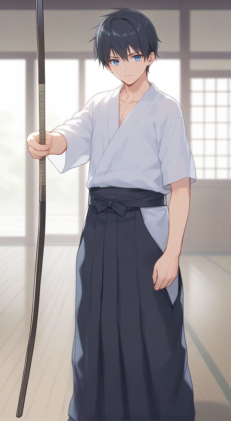 1boy,solo,male focus,japanese clothes,bow,bow (weapon),archery,kyuudou,hakama,kimono,dojo,black hair,blue eyes,bare shoulder,bare arm