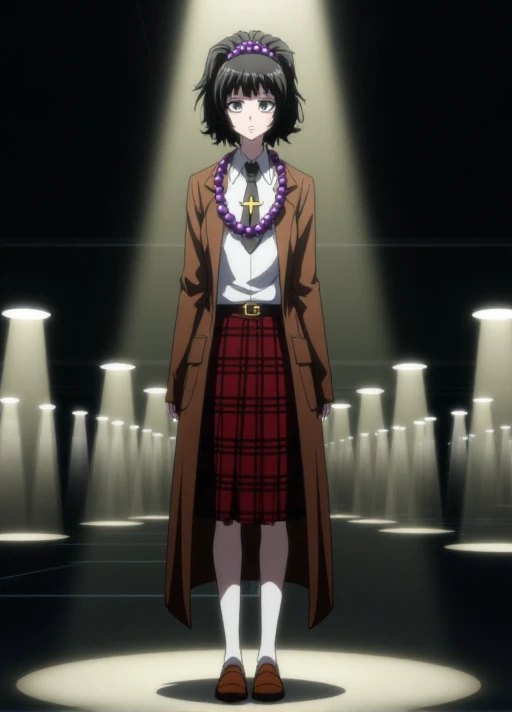 <lora:Mistoon_Anime_Flux:0.7> , anime. , extreme wide shot <lora:Mikako_Kurokawa_Flux:1.1>,  The image is a screencap from the anime Danganronpa The Animation.  Mikako Kurokawa is a tall young woman with slender physique. She has pale light skin, black eyes, and unkempt black hair tied in a ponytail with a vivid purple beaded scrunchie. She has bags under her eyes and a tired expression. Mikako is wearing her Hope's Peak uniform which consists of a white short-sleeved dress shirt with side pockets and short light gray necktie, red plaid skirt, white midcalf-length socks, and deep orange-brown loafers. Over her clothes, she wears a long brown coat. She also wears a golden cross necklace and large purple prayer beads as a necklace.  admiring expression Mikako Kurokawa stands in the center of the academy's underground parking garage, surrounded by car headlights that have turned on by themselves. Each beam of light reveals different layers of spiritual activity as she cleanses the area of restless vehicle spirits.