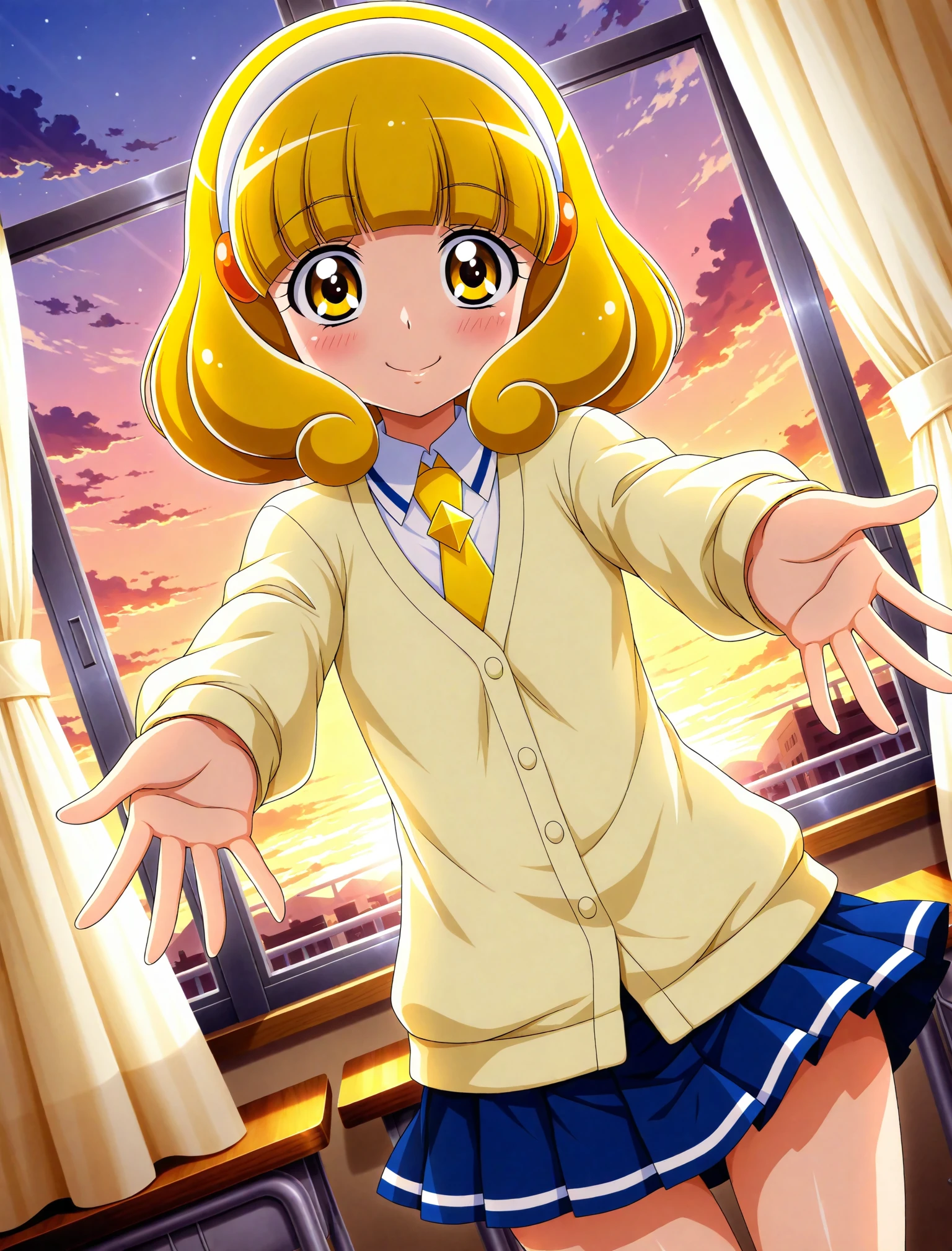 official style,
1girl, solo,
kise yayoi, smile precure!, yellow hair, yellow eyes, white hairband, hair ornament, medium hair, nanairogaoka middle school uniform, yellow necktie, yellow cardigan, dutch angle, posing, blush, imminent hug, incoming hug, sunset, school classroom, window, curtain, wind, masterpiece, best quality, amazing quality, very aesthetic, absurdres