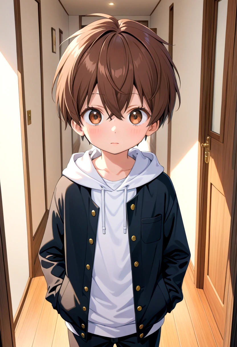 straight on shot, standing,detailed eyes,
inside house, loved face expression,
 <lora:cutifiedanimecharacterdesign_variant_type_F_XL_v10:1>, 1boy, type-f, chestnut brown hair, chestnut brown eyes, petite, young, solo, anime style, manga style, drawn style, white hoodie,randoseru, aged down, black gakuran above hoodie,
(masterpiece:1.2), best quality, high resolution, unity 8k wallpaper, (illustration:0.8), (beautiful detailed eyes:1.6), extremely detailed face, perfect lighting, extremely detailed CG, (perfect anatomy),