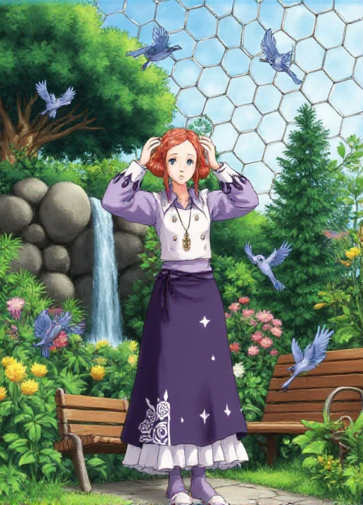 <lora:Flux-Ghibli_Style-000004:1.05> In the style of Ghibli studios anime. , <lora:Luna_VLR_Flux:1.1>, VLR anime style.  location:VLR:garden. Bluebirds fly around a garden as Luna stands amid them. Luna has droopy blue eyes and thin eyebrows. Luna's coral orange hair is tied in a bun with a braid and with two long strands on each side of her face in the front, accompanied with short, side-swept bangs. Luna wears a light purple, long-sleeved blouse under a white vest and a long, dark purple skirt with a white geometric design near the bottom. The skirt is tied around her waist with a ribbon. She also has purple stockings and white slippers. She wears a large bracelet on her left wrist. Her necklace is a caged bluebird.  Luna stands in embarrassment. Luna looks embarrassed as she holds her hands to her forehead, her elbows bent and upper arms raised. Luna stands perfectly still as a group of bluebirds fly past her. The background is a bright, outdoorsy place with a wooden bench behind Luna and another wooden bench to the right. The background is a garden scene with a large tree and a small waterfall to the left. There is a large rock wall with a large rock outcropping to the right. The background is inside of a clear domed structure with a repeating pattern of large six sided glass panels in the ceiling and wall.