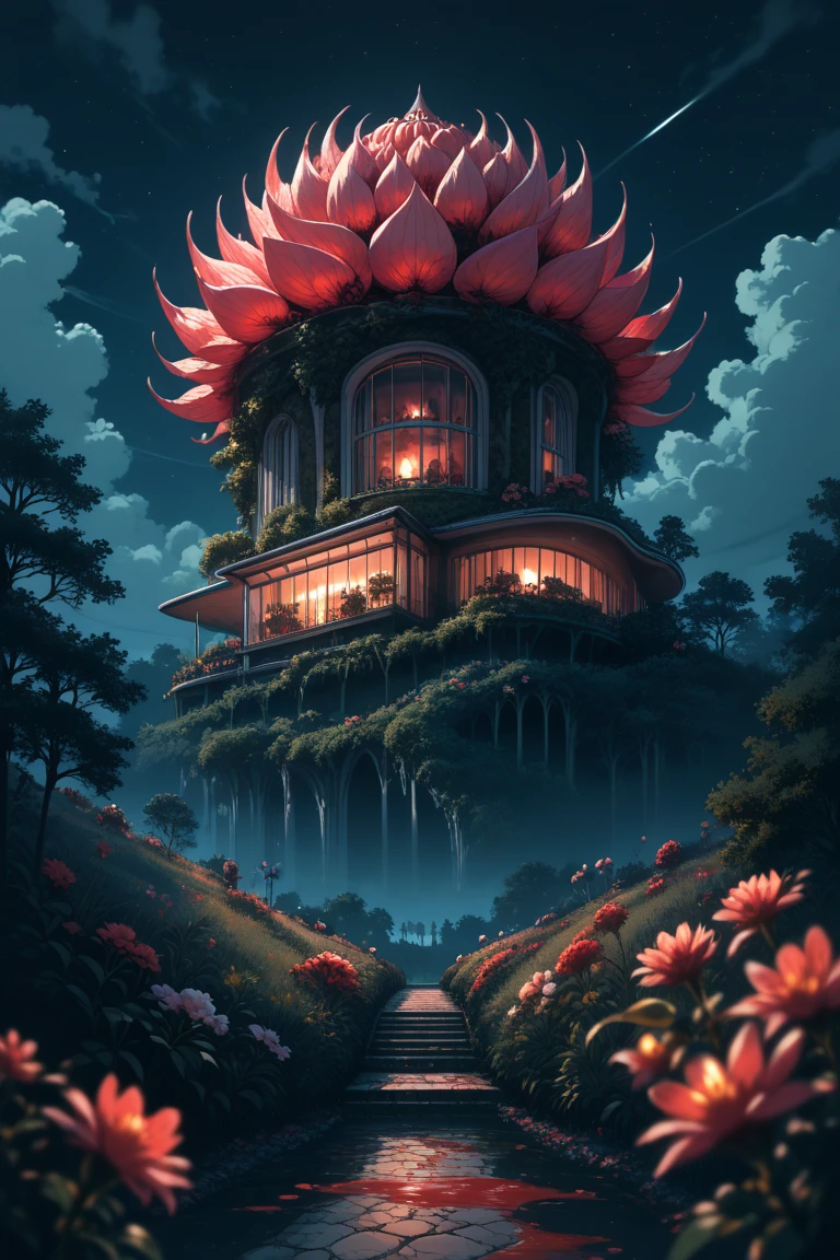 score_9, score_8_up, score_7_up, source_anime, rating_safe, day, natural lighting, night, midnight, dark, dark environment, horror theme, blood, blood splatter, fantasy-flower structure focus, Daflower, Daflower_architecture, Nclutter, caution tape, scenery, intricately detailed illustration, atmospheric perspective, depth of field