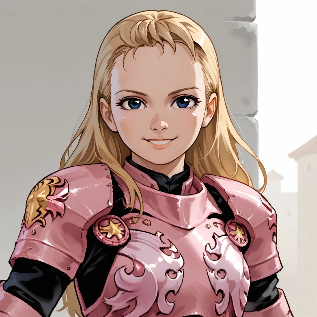 1girl,solo,pink armor,blonde hair,black eyes,long hair,gloves,smiling,looking at viewer,facing viewer,portrait