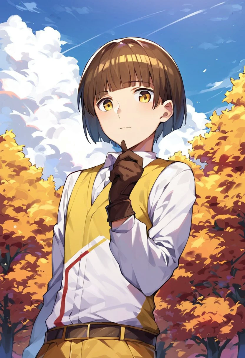 score_9, score_8_up, score_7_up, source_anime, highly detailed, 
deimne, solo, 1boy, male focus, straight hair, brown hair, fringe, stripe, hair, yellow eyes, large hair, bangs, middle stripe,  gloves, looking at viewer, brown gloves, pantyhose, whit panthyhose, shirt, white shirt,  yellow tunic, Bob cut,  hair middle stripe,
outdoor, sky, tree, clouds