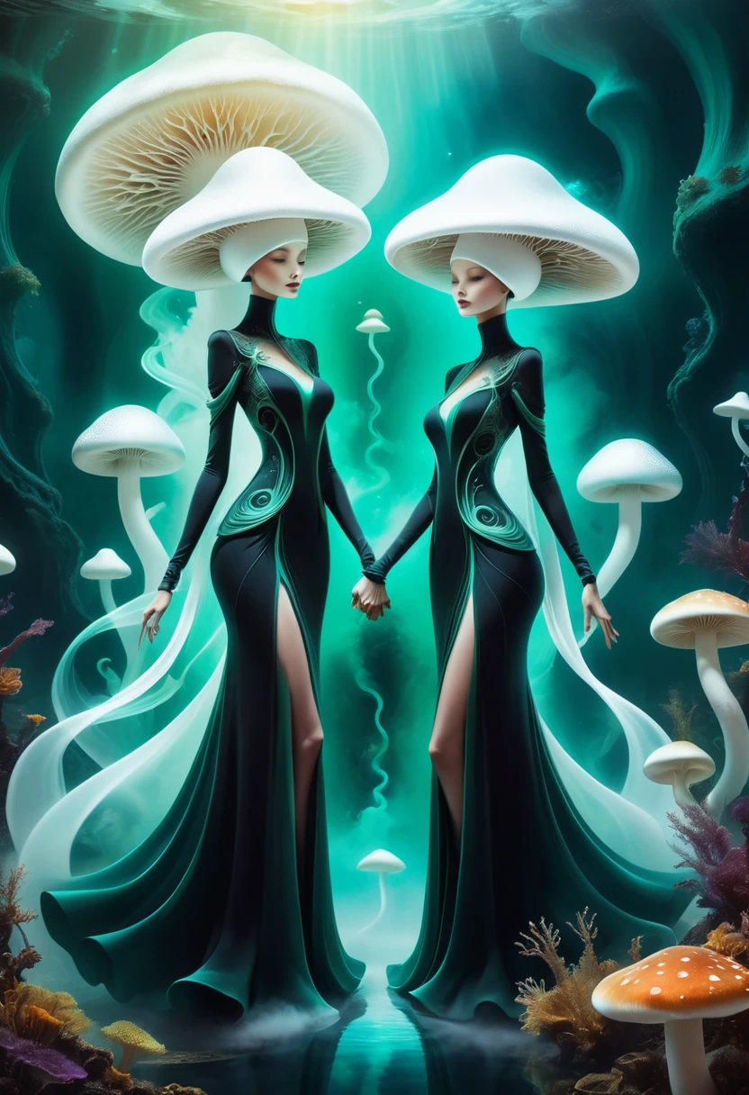 Two ethereal figures holding hands in a surreal dance, Two elegant women wearing white hats and long black dresses, surrounded by a cosmic, dreamlike background, Stylized alien figures with exaggerated heads, with vibrant warm and cool tones, inspired by surrealist digital art, romantic illustrations, standing together in a serene underwater glow, resulting in an elegant atmosphere, surrounded by mist and smoke, dark-colored robes and have large heads that resemble mushrooms or pastries, in the style of digital art, green in a digital art style with a vector illustration   masterpiece, detailed, best quality, absurd resolution,    <lora:artfully_ALIENDANCE:0.8>