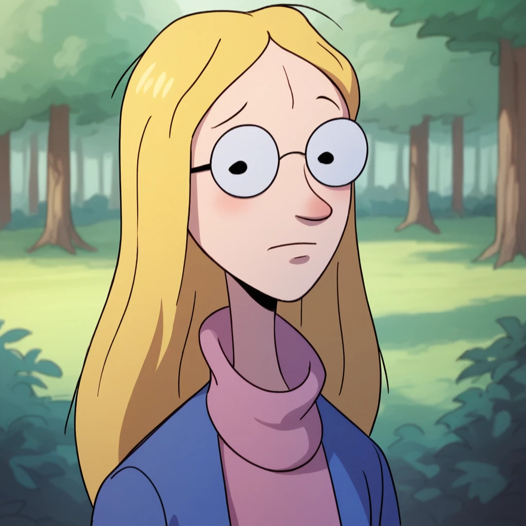 score_9_up, score_8_up, score_7_up, BREAK, Mum, 1girl, solo, blonde hair, long hair, black eyes, glasses, grey turtleneck sweater, blue jacket, upper body, <lora:Mum_HorridHenry_PXL_Leaf1:1>, forest,