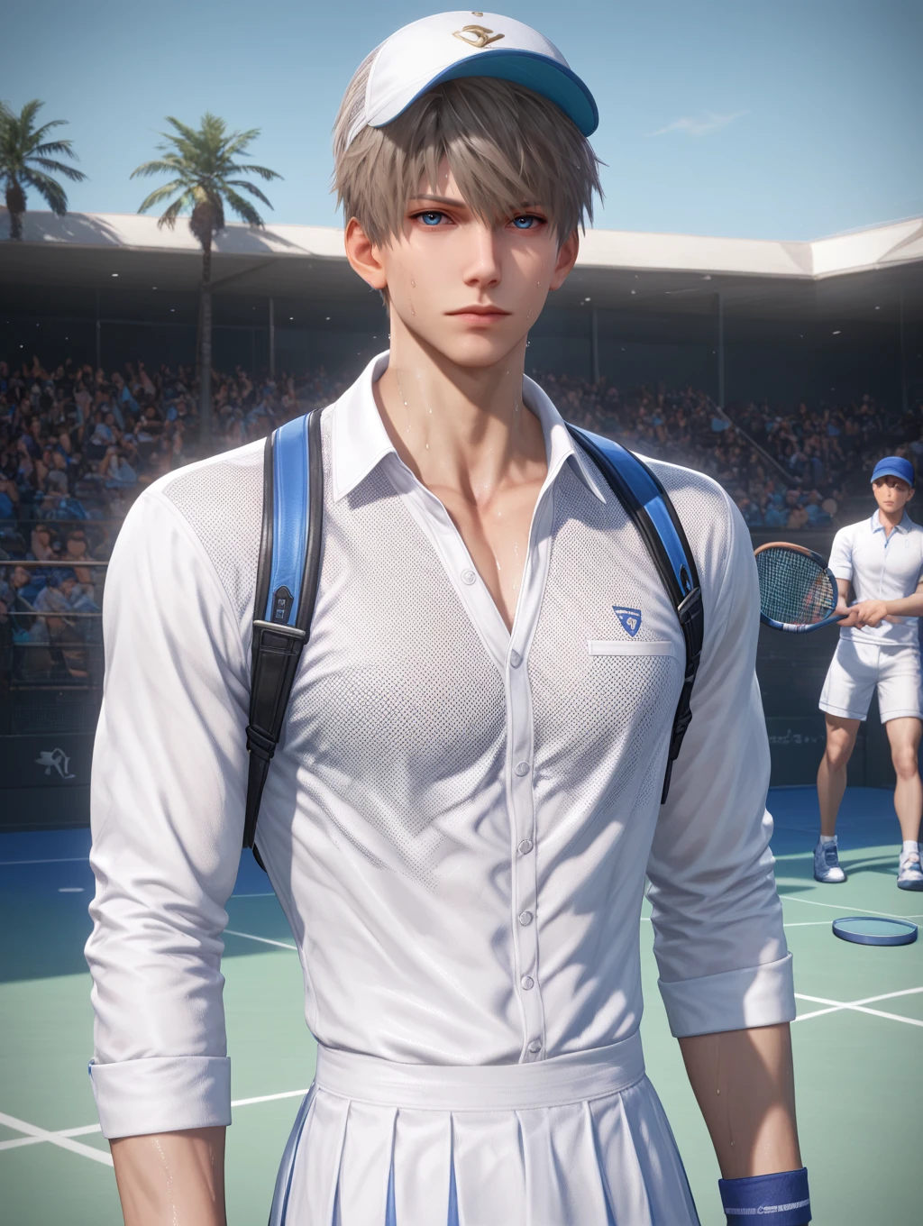 score_9,score_8_up,score_7_up,1boy,solo,yaoi,bara,male focus,fairly nsfw,uncersored,highres,best quality,amazing quality,best aesthetic,absurdres,<lora:add-detail-xl:1>,<lora:Expressive_H:1>,Expressiveh,<lora:xavier-000009:0.7>,xavier,tennis_uniform,standing,holding hat,looking at viewer,sweat,tennis court,