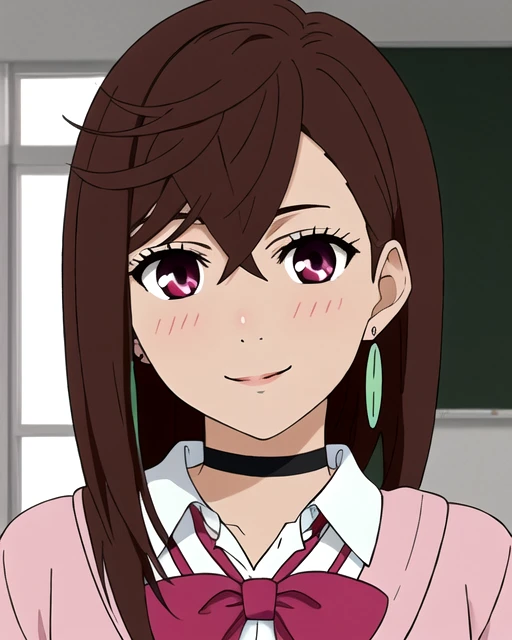 masterpiece, best quality, highres, 1girl, solo, brown medium length hair, layered hair with wispy ends, side-swept bangs, magenta/red eyes, pink blazer, white collar shirt, large red bow tie, black choker, mint green drop earrings, school uniform, slight blush marks on cheeks, expressive face, medium shot, beautiful detailed eyes, long eyelashes, clean lineart, soft shading, indoors, classroom lighting, slight head tilt, anime style, natural shadows, detailed facial features, sharp chin, light skin tone, professional lighting, detailed face, looking at viewer, full body, legs, heroic pose, smile, feel in love, fit body, <lora:Momo-Ayase-Dandadan-SD15:0.7>