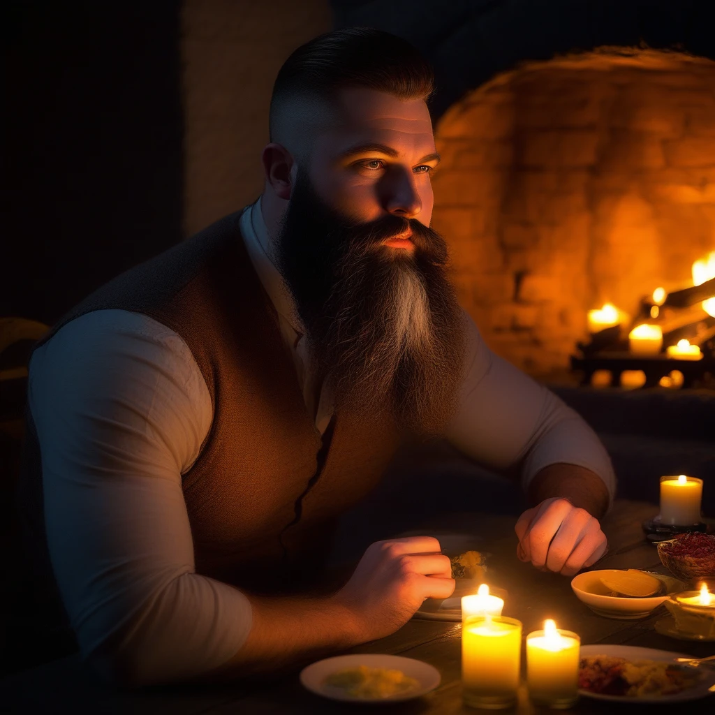 fireplace, food focus, outdoors, beard, candle