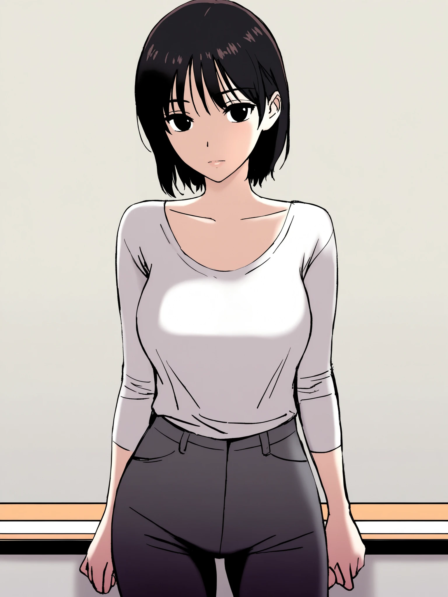 1girl, shirt, pants, standing, looking at viewer, masterpiece, best quality, best score, best anatomy, 
 <lora:[Urakan] Assorted Doujin Artstyle Blend IllustriousXL:1>