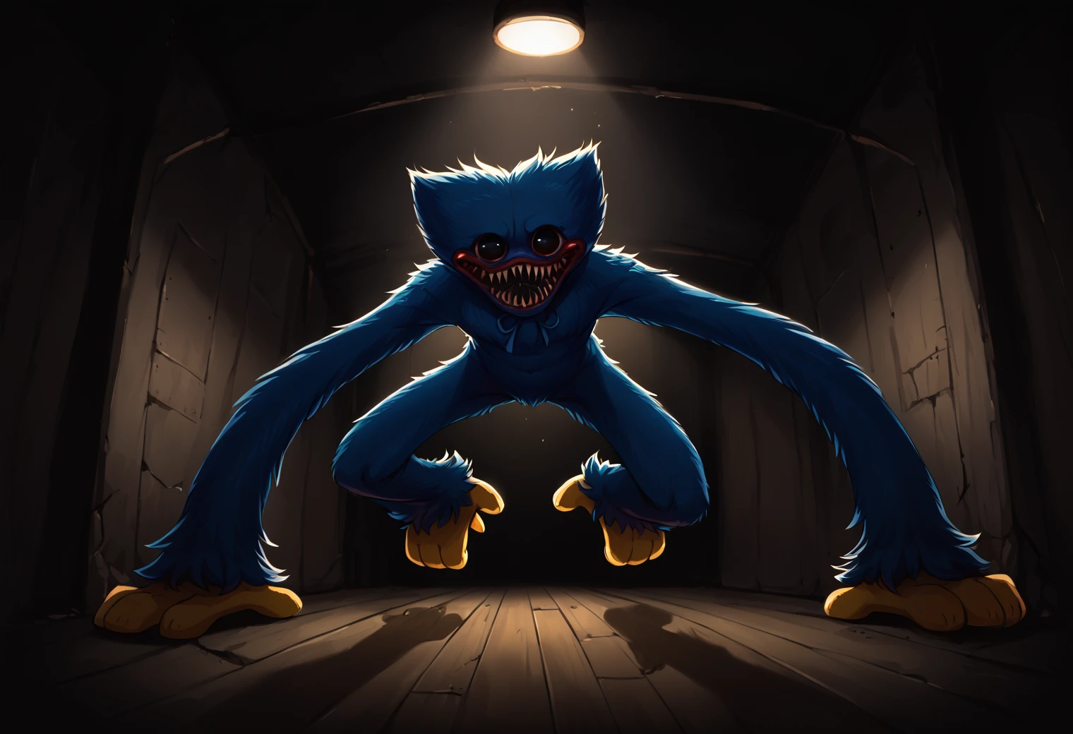 score_9, score_8_up, score_7_up, score_6_up, source_furry, dof, full-length portrait, solo,  <lora:CHARACTER_HUGGY_WUGGY_Poppys_Playtime:1> huggy_wuggy, blue body, long limbs, dark background, interior, scary background, dark shadows, high contrast, cinematic, dynamic angle,  <lora:dark_v1.9-pony:0.4> dark theme, dim lighting, dark background, dark room, backlighting,