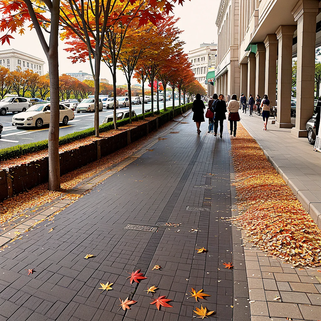 score_9, score_8_up, score_7_up, 
building, no humans, sidewalk, outdoors, pavement, street, car, day, autumn leaves