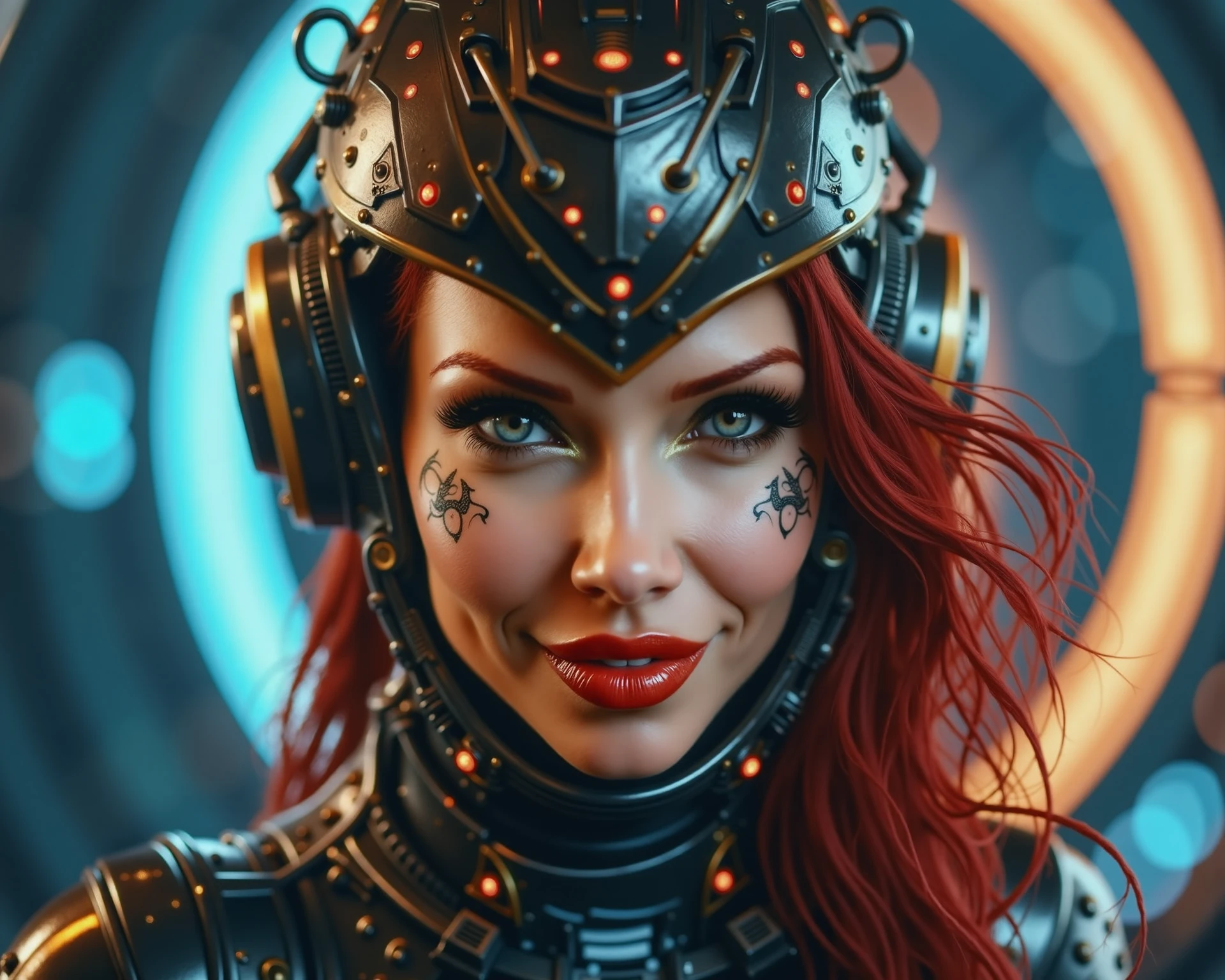 This image is a highly detailed, digital photo depicting a futuristic, cyberpunk-styled woman. The subject is a Caucasian female with pale skin and striking blue eyes, which are accentuated by heavy, dark eyeliner. Her lips are painted a bold red, adding a pop of color to her otherwise monochromatic appearance. She is adorned with intricate, metallic headgear that resembles a crown, featuring gold, black, and red accents. The headpiece has an ornate, almost mechanical design, with small, glowing red jewels embedded in it.
Her face is marked with symmetrical, delicate patterns that appear to be circuitry or wiring, blending seamlessly with her skin. The background is a complex array of glowing, neon lights in various colors, including blue, orange, and yellow, giving the scene a high-tech, futuristic feel. The lights create a halo effect around her head, enhancing the cybernetic theme.
The woman's hair is dark, straight, and intricately styled, blending into the headgear. The overall atmosphere is one of advanced technology and a blend of organic and synthetic elements. The textures are smooth and sleek, with a polished, high-tech finish that emphasizes the cyberpunk aesthetic.<lora:biancacrft:1.1>