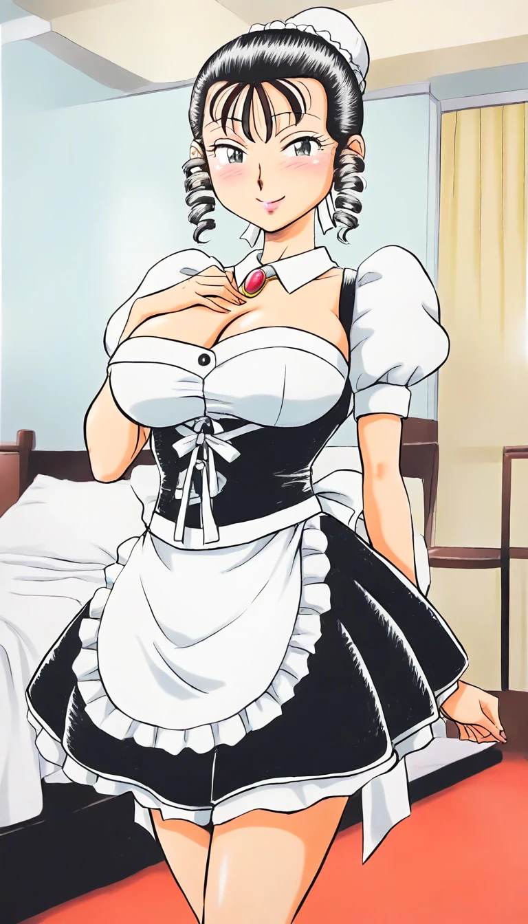 masterpiece, best quality, good quality, <lora:Miyama_Natsuki_IS:1> Miyama_Natsuki, black hair, black eyes, drill hair, single hair bun, white bun cover, short hair, large breasts,
 1girl, maid, apron, solo, smile, waitress, dress, jewelry, , looking at viewer, blush,
bedroom,