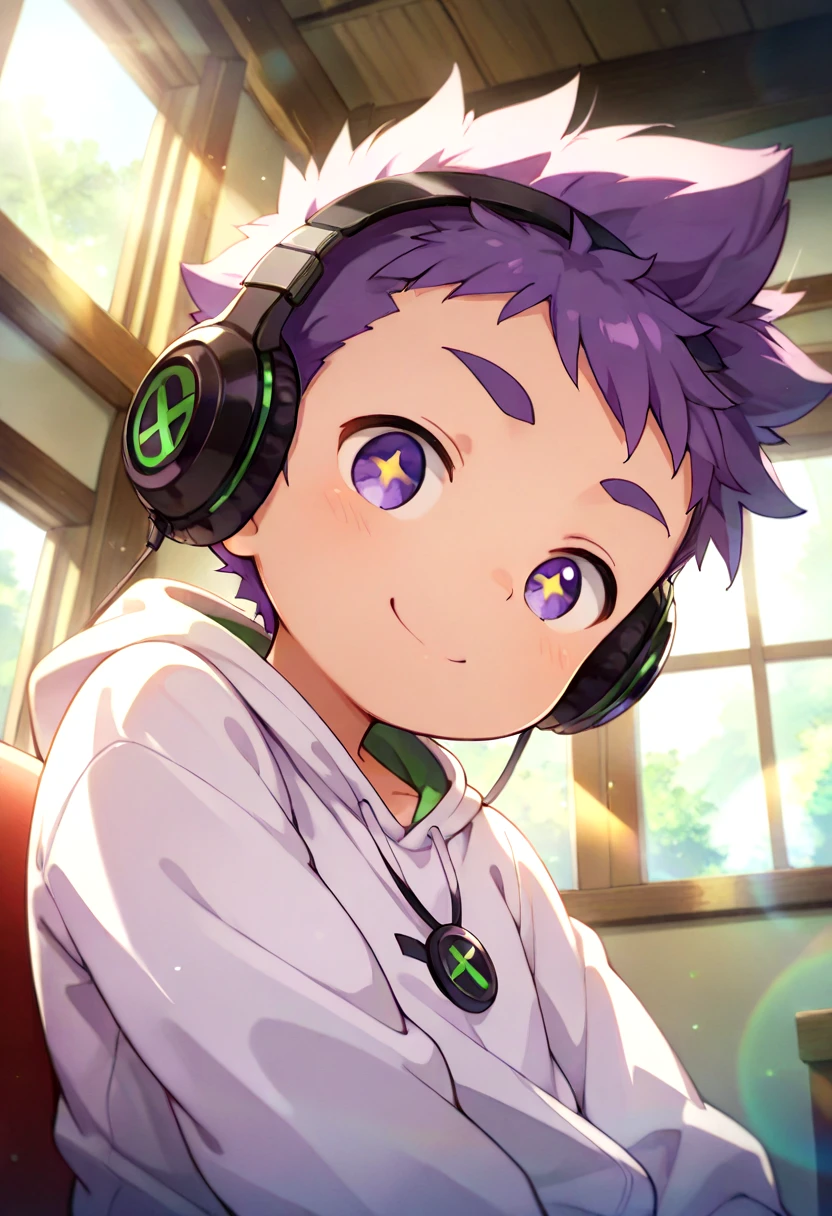 petite, young, solo, child, anime style,
 <lora:cutifiedanimecharacterdesign_variant_type_H_IL_v10:1>
type-h,  solo, looking at viewer, smile, short hair, long sleeves, 1boy, purple eyes, purple hair, male focus, indoors, hood, window, hoodie, headphones, from below, sunlight, thick eyebrows, spiked hair, child, lens flare, +_+,  white hoodie