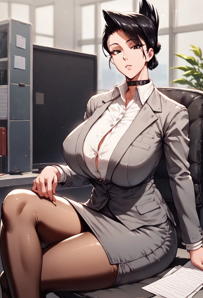 score_9_up, score_8_up, score_7_up, score_6_up BREAK OgaChiz, 1girl, grey suit, black hair, folded ponytail, closed, shirt, buttoned collar, choker, huge breasts, skirt, pantyhose, sitting, office, highly detailed, beautiful background, beautiful art, looking at viewer