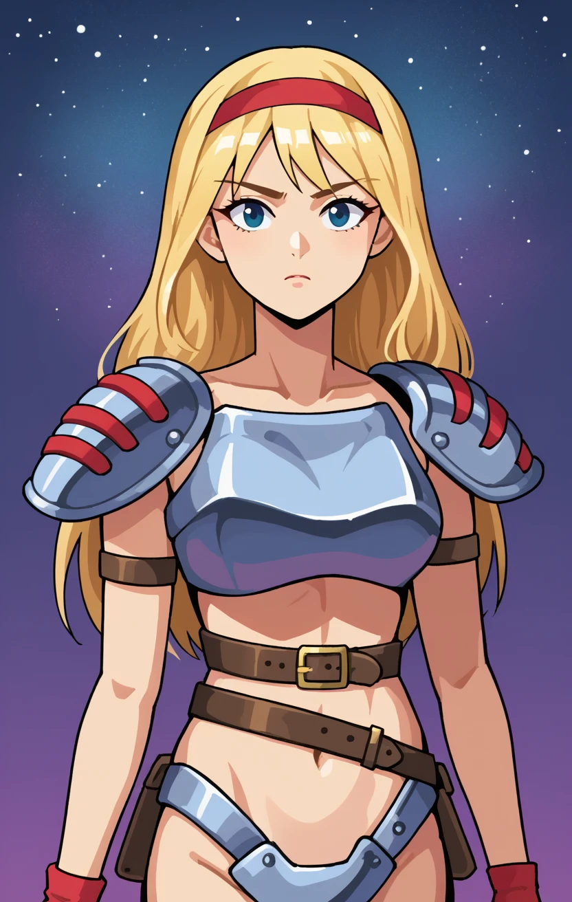 score_9, score_8_up, score_7_up, BREAK best quapoty, absurdres, highres, source_anime, <lora:PDXL_SheenaCHC-000010:1>, night sky, stars, SheenaCHC, 1girl, fingerless gloves, hairband, breastplate, bikini armor, navel, belts, pauldrons, upper body