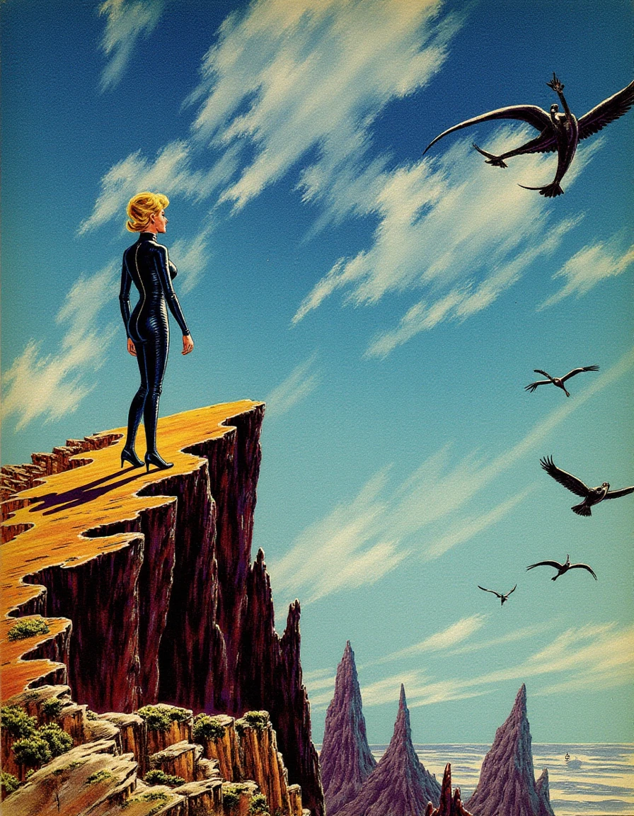 Generation Mode:

flux_txt2img

Positive Prompt:

surreal sci-fi art style of Ed_3mshwiller, sci-fi pulp cover art for "A Secret Agent of Terra", a woman in a slinky black spacesuit stands on a narrow path on a an precipitous alien cliff. Strange alien birds ride the swirling winds that blow through those alien skies, that occupy the right half of the image

Model:

FLUX Dev (Quantized) (FLUX)

VAE:

FLUX.1-schnell_ae (FLUX)

Width:

896

Height:

1152

Seed:

2520377926

Steps:

22

High Resolution Fix Enabled:

false

LoRA:

Ed_Emshwiller_Style (FLUX) - 1