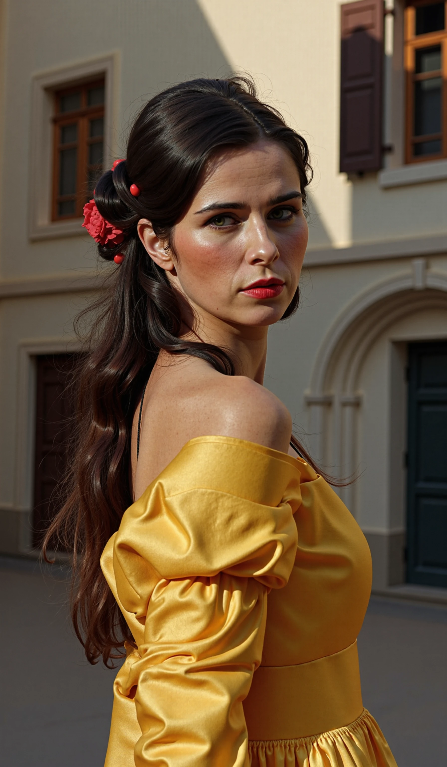 semi  close portrait of a lifelike woman, slightly mild side view,  wear a lordly  high closed extravagant historical dress ,covering her skin,  standing in a iconic  castle with natural stone brick houses with wooden shutters, (high detailed face and skin texture with skin pores:1.3)  , lovely eye contact with the viewer, middle short straight hair style with some cute large curls, wear high heels and stocking,  tschirnor1 , (teasing facial expression), light and shadow play , volumetric lighting with fog and sunrays ,