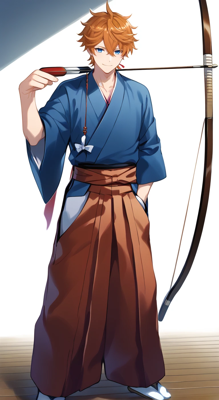 1boy,solo,male focus,japanese clothes,bow,bow (weapon),archery,kyuudou,hakama,kimono,tartaglia,orange hair,blue eyes,hair between eyes,smile