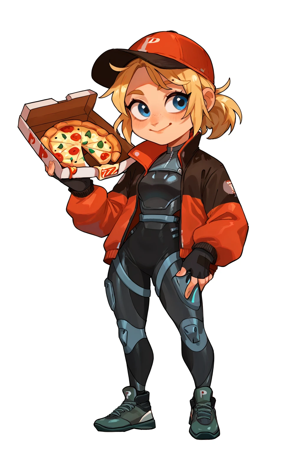 1girl, chibi, full body, white background, fnpiper, blonde hair, blue eyes, baseball cap, bodysuit, jacket, fingerless gloves, holding, pizza box, smile <lora:FN_PiperPace-PONY:0.8>, score_9, score_8_up, score_7_up, score_6_up,