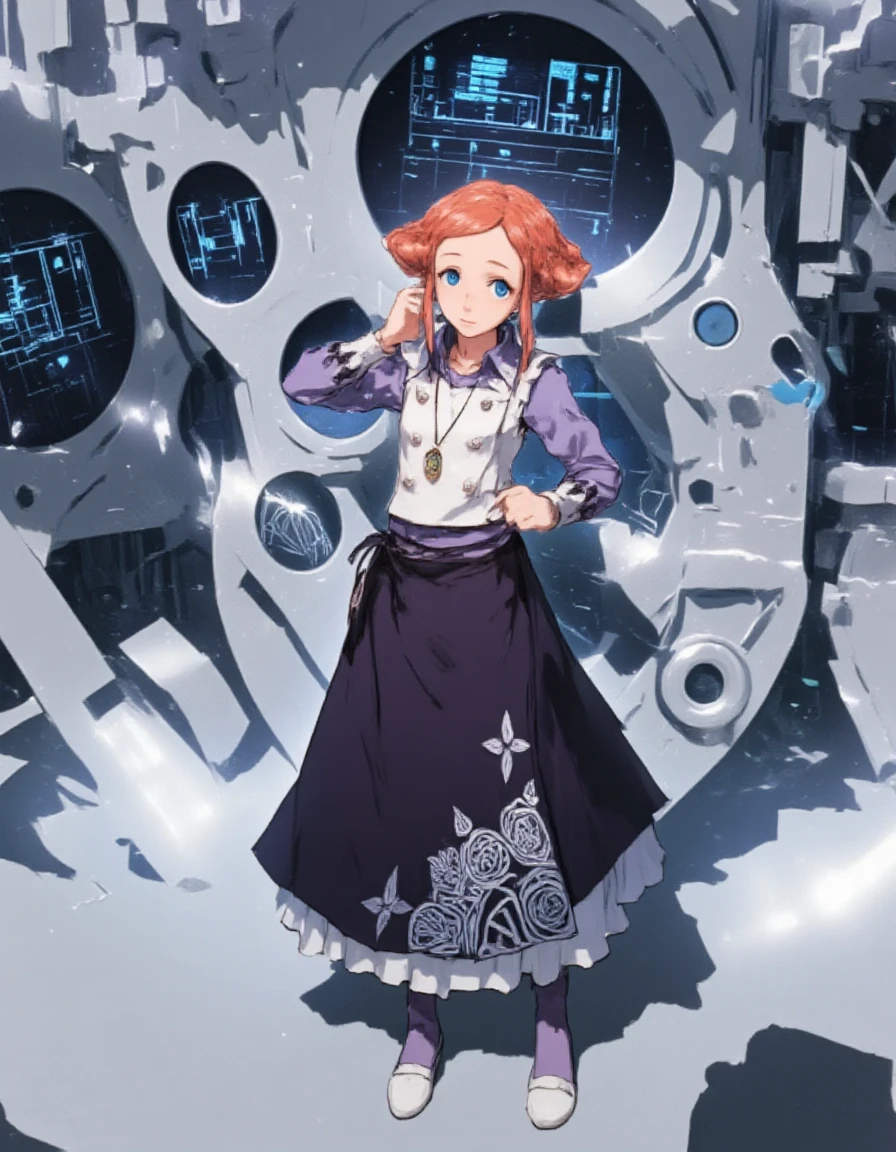 <lora:Luna_VLR_Flux:1.1>, VLR anime style. Luna has droopy blue eyes and thin eyebrows. Luna's coral orange hair is tied in a bun with a braid and with two long strands on each side of her face in the front, accompanied with short, side-swept bangs. Luna wears a light purple, long-sleeved blouse under a white vest and a long, dark purple skirt with a white geometric design near the bottom. The skirt is tied around her waist with a ribbon. She also has purple stockings and white slippers. She wears a large bracelet on her left wrist. Her necklace is a caged bluebird.  Luna stands in the treatment pod assembly room, where partially constructed medical pods create geometric shadows across her form. As she moves between them, each pod's diagnostic screen activates to display a different vital sign reading from Diana's original medical records. Her movements leave traces of light that form DNA helixes in the air.