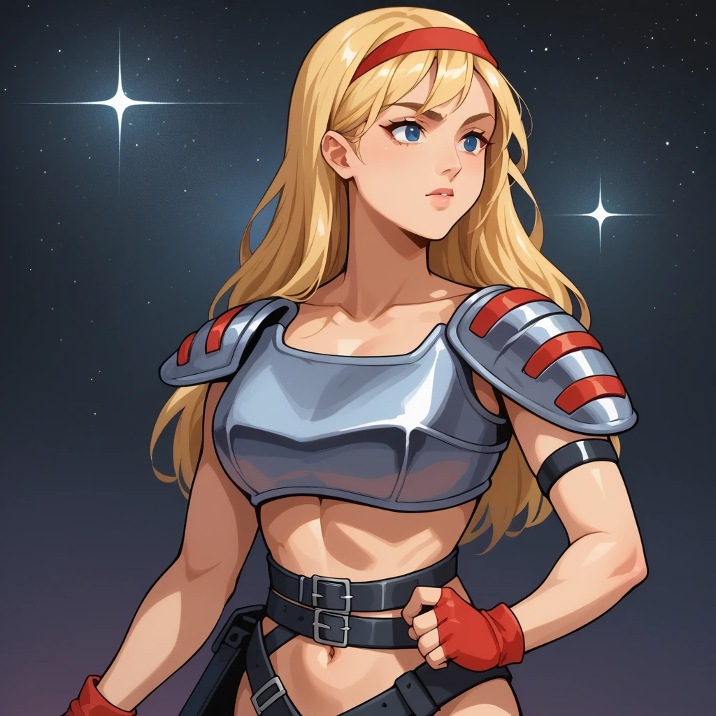 score_9, score_8_up, score_7_up, BREAK best quapoty, absurdres, highres, source_anime, <lora:PDXL_SheenaCHC-000010:1>, night sky, stars, SheenaCHC, 1girl, fingerless gloves, hairband, breastplate, navel, belts, pauldrons, upper body