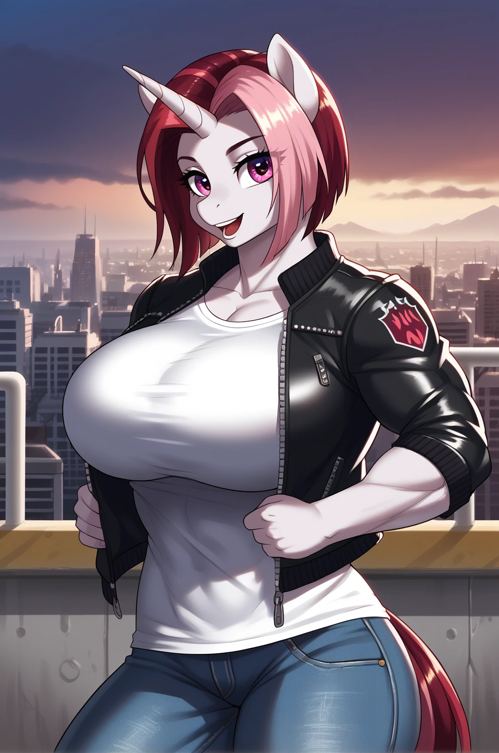 Code Geass, Kallen Stadfeldt 1girl, (((bimbo))), short red hair, puffy lips, painted lips, thick lips, wide hips, thick thighs, big breast, huge ass, revealing cleavage, erotic, Smile face, bubble butt, camel toe, Breasts, black leather jacket, white t shirt, blue jeans, posing in front of a car