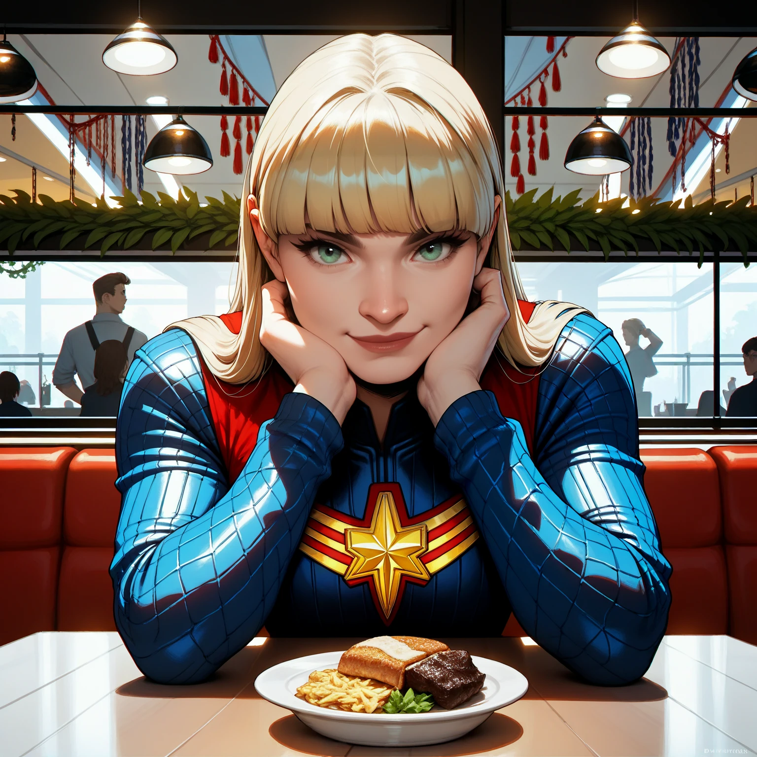 rating_safe, score_9, score_8_up, score_7_up, score_6_up, score_5_up, score_4_up, highres, incredibly absurdres, highly detailed, dim lighting, closed mouth, 1girl, solo, sitting, pov across table, restaurant, crowd, food, indoors, BREAK, 
natmarlie, long hair, blonde hair, blunt bangs, bangs, green eyes, looking at viewer, captain marvel, long sleeves, red lips <lora:Natalie_Mars:0.6>