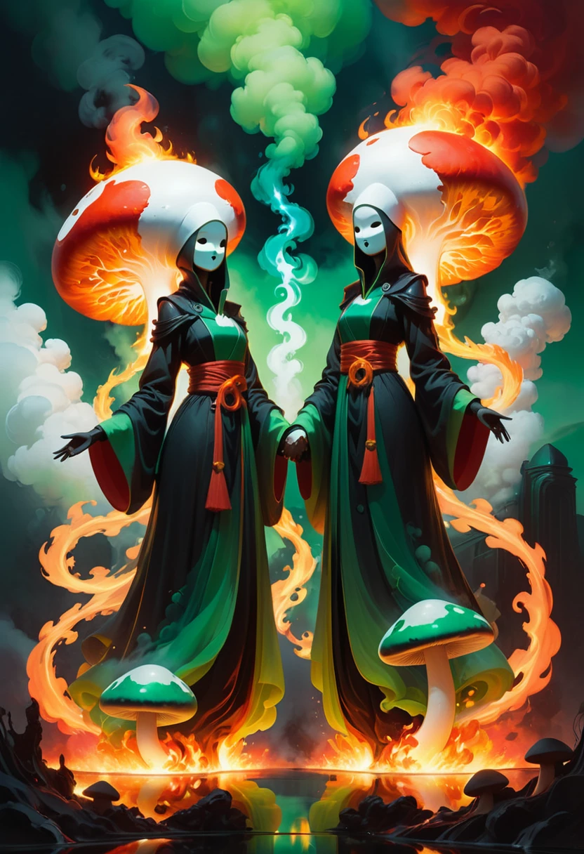 Two beautiful female figures, and fire-like elements, standing in unity, Two white figures with no faces sit on black smoke clouds. One figure is made of fire and the other is made of water, Ross Tran, Syd Mead, Greg Rutkowski, in the style of fantasy, dark-colored robes and have large heads that resemble mushrooms or pastries, Cartoonish characters, red, Smoke fills the space between them, symbolizing balance and unity, in a cartoon style with vibrant colors, fiery splash beneath them in an otherworldly dance of light and color, green holding hands with one another, with colorful gradients and soft lighting   masterpiece, detailed, best quality, absurd resolution,    <lora:artfully_ALIENDANCE:0.8>