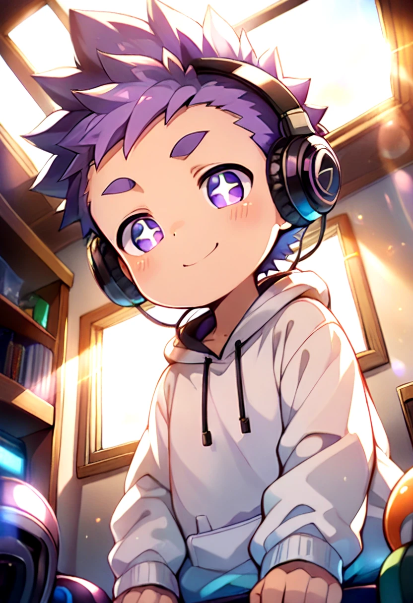 petite, young, solo, child, anime style,
 <lora:cutifiedanimecharacterdesign_variant_type_H_IL_v10:1>
type-h,  solo, looking at viewer, smile, short hair, long sleeves, 1boy, purple eyes, purple hair, male focus, indoors, hood, window, hoodie, headphones, from below, sunlight, thick eyebrows, spiked hair, child, lens flare, +_+,  white hoodie